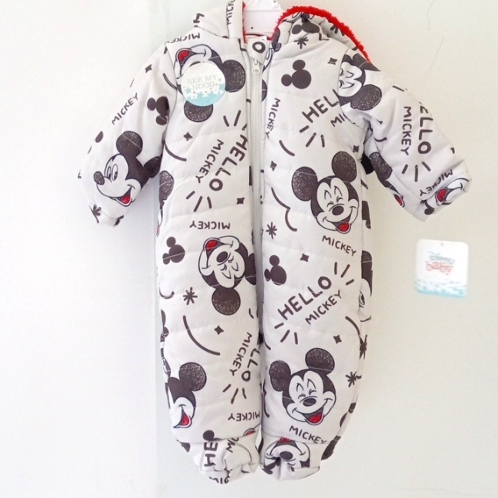 DISNEY BABY HELLO MICKEY GRAY RED BLACK INSULATED HOODED ONESIE SIZE 0/3M NWT